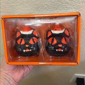 Jack o lantern lane ceramic Black Cat Salt and Pepper Shakers NIB